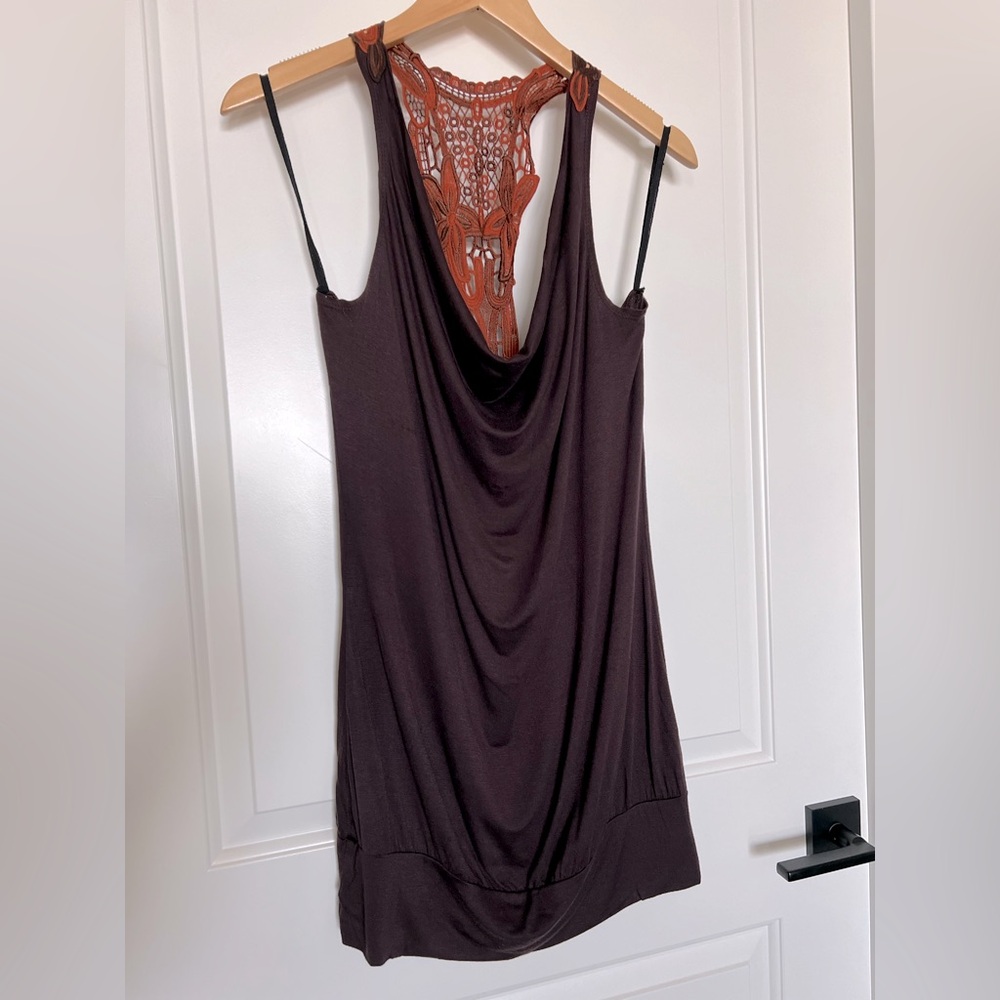 April USA Brown Lace Racerback Long Women's Top